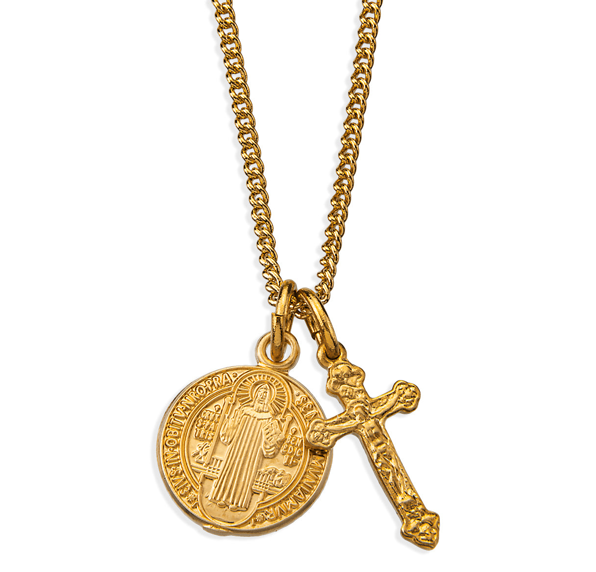 Gold Over Sterling Silver St Benedict Medal W/ Sm Crucifix (Set)-18"Ch (Gold Plated Thin)-Bxd-(GS1677/GS1804)