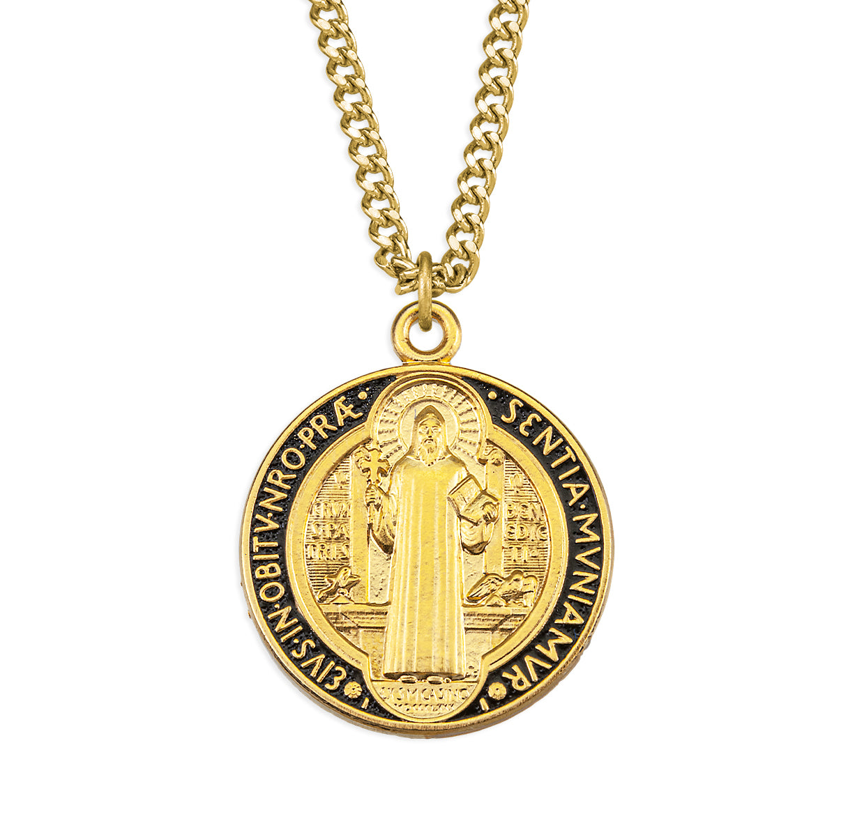 Gold Over Sterling Silver St Benedict Jubilee Medal W/Black and Red Epoxy- 24"Ch-Bxd