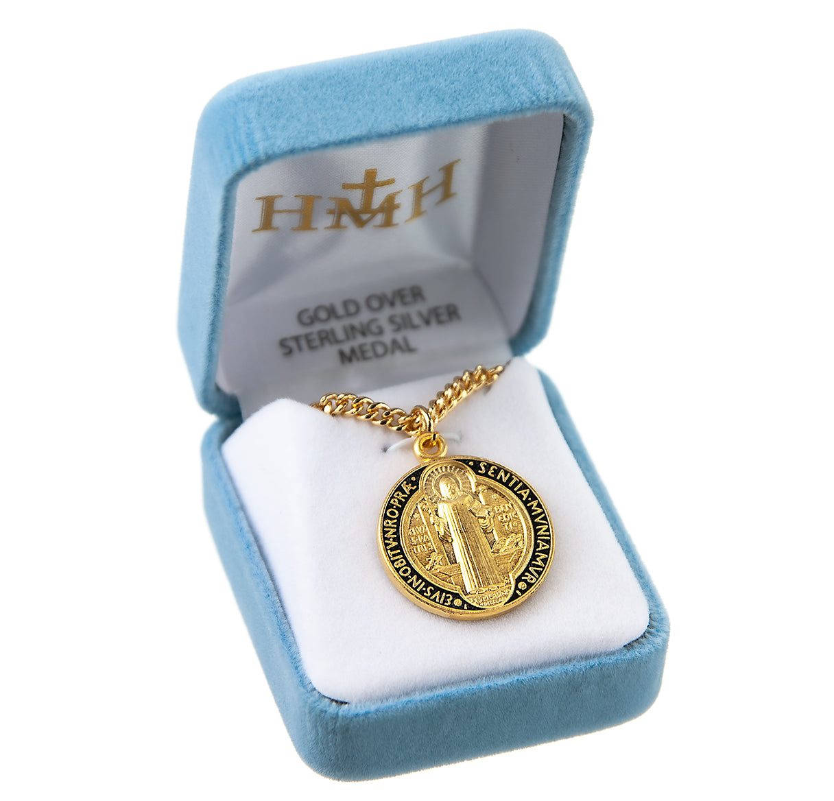 Gold Over Sterling Silver St Benedict Jubilee Medal W/Black and Red Epoxy- 24"Ch-Bxd