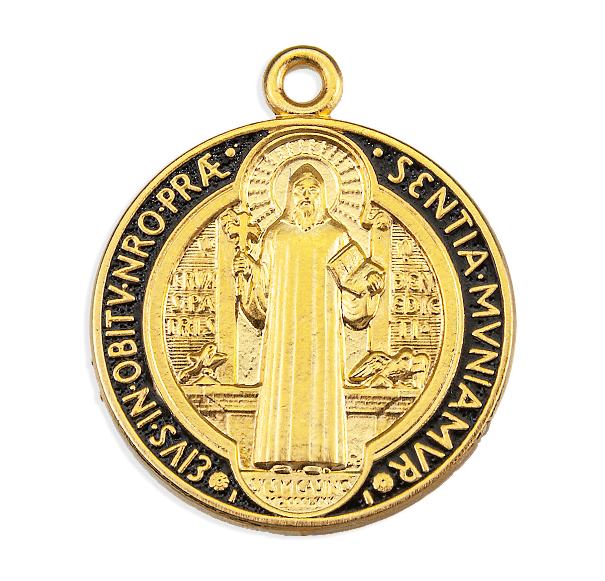 Gold Over Sterling Silver St Benedict Jubilee Medal W/Black and Red Epoxy- 24"Ch-Bxd