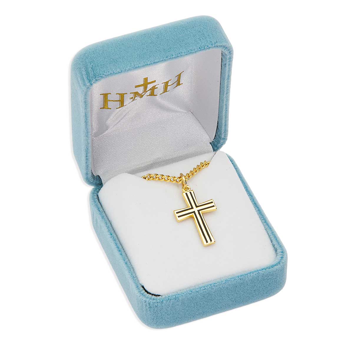 16kt Gold Over Sterling Silver Rhodium Plated High Polished Cross with Black Inlay Grooves-20"Ch-Bxd