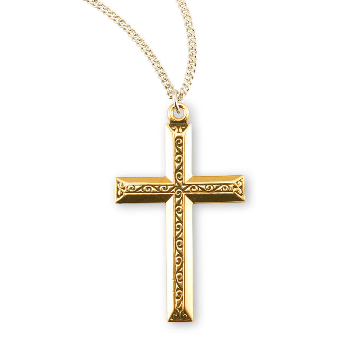 16kt Gold Over Sterling Silver engraved vine pattern high polished 1" cross 20" Ch-Bxd