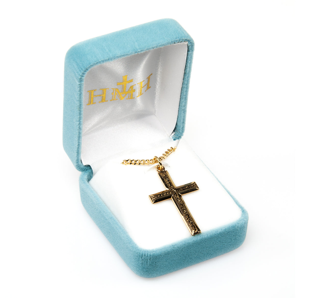 16kt Gold Over Sterling Silver engraved vine pattern high polished 1" cross 20" Ch-Bxd