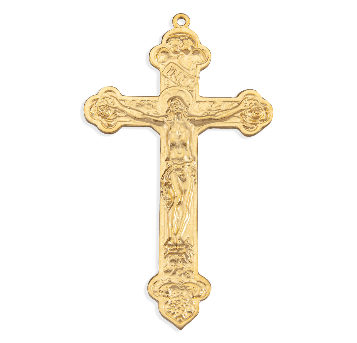 16kt Gold Over Sterling Silver Latin Style Crucifix with Angels and Roses in Tips on 27" Ch-Bxd