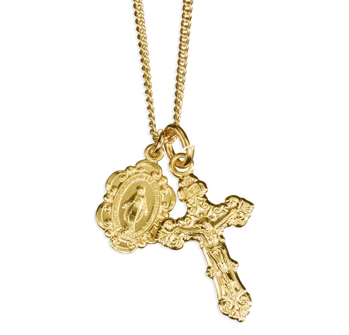 Gold Over Sterling Silver Baroque Style Crucifix and Gold Over Sterling Small Baroque Miraculous18"