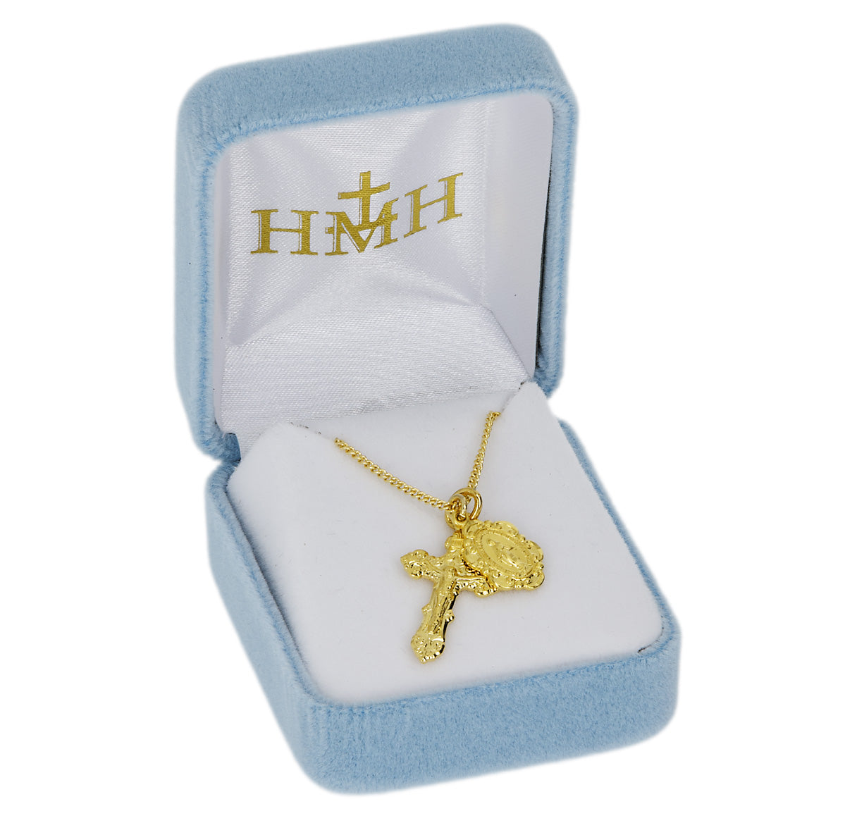 Gold Over Sterling Silver Baroque Style Crucifix and Gold Over Sterling Small Baroque Miraculous18"