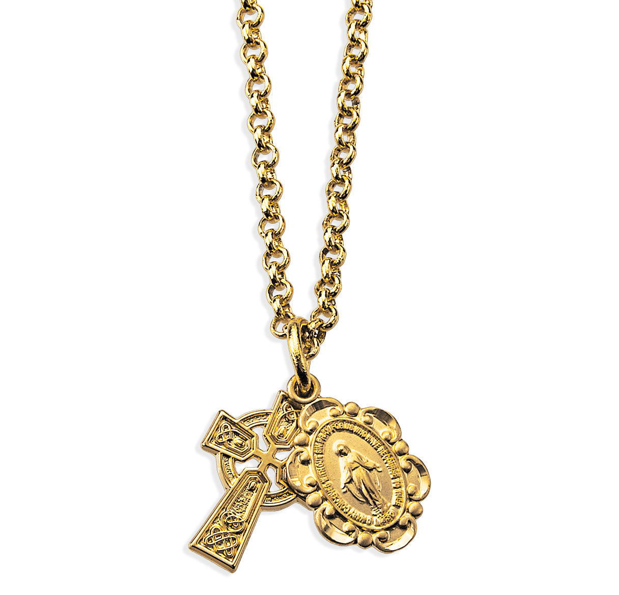 Gold Over Sterling Silver Miraculous Medal W/ Tiny Celtic Cross (Set)-18"Ch (Gold Plated Thin)-Bxd-(GS2102/1788)
