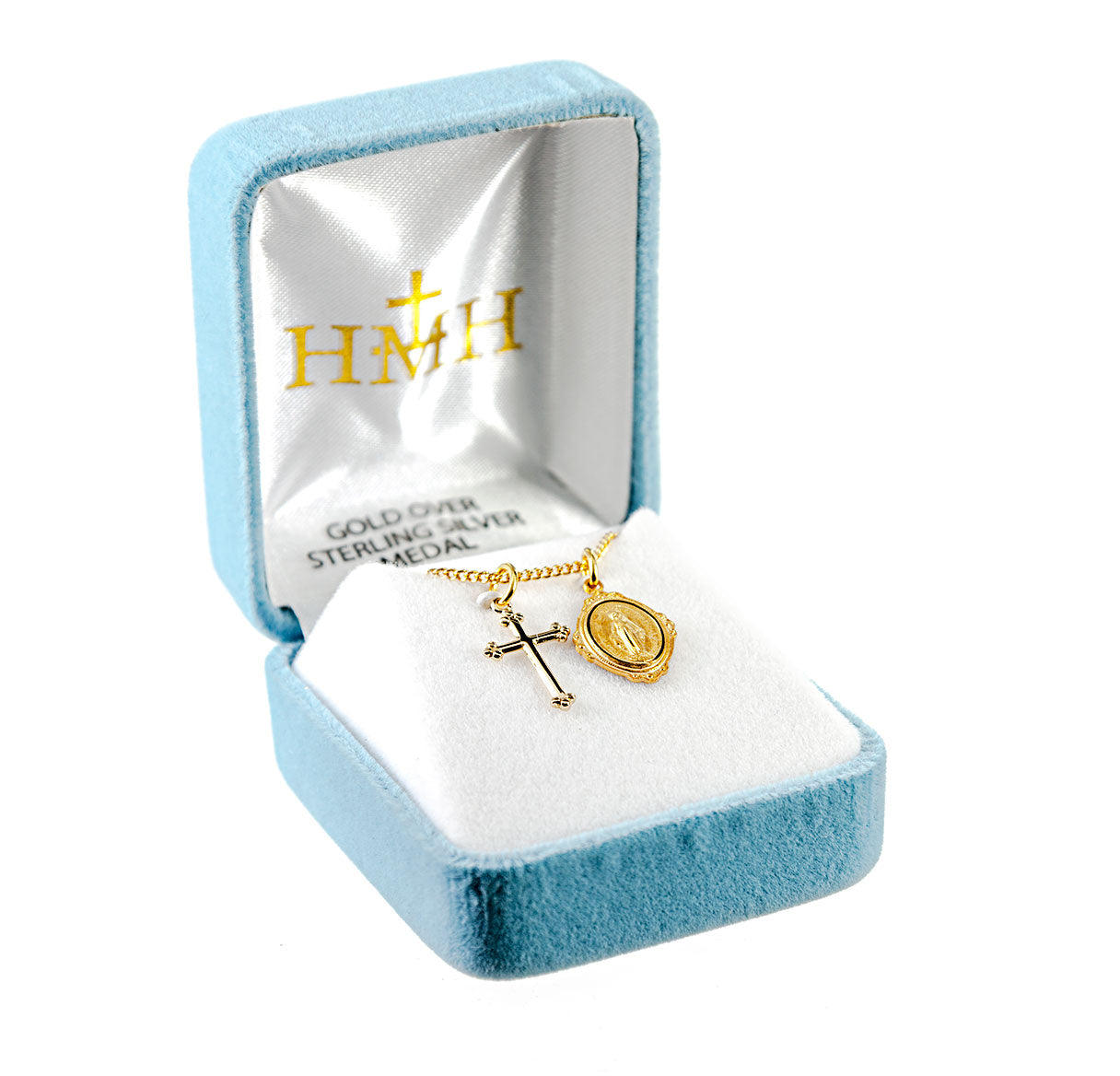 Gold Over Sterling Silver Miraculous Medal W/ Sm Cross (Set)-18"Ch (Gold Plated Thin)-Bxd-(GS2106/GS1701)
