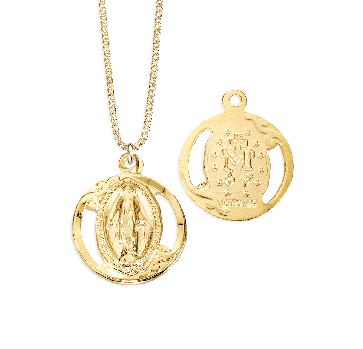 16kt Gold Over Sterling Silver Round Miraculous Medal W/ Cut Out-18"