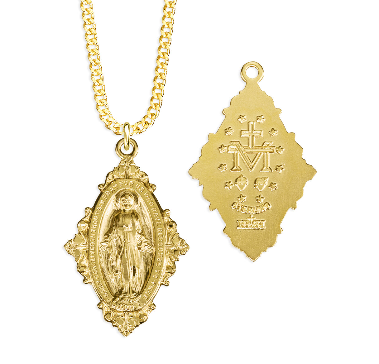 Gold Over Sterling Silver Medium Miraculous Medal W/ Floret & Vine Four Sided Bordering-18-Ch-Bxd