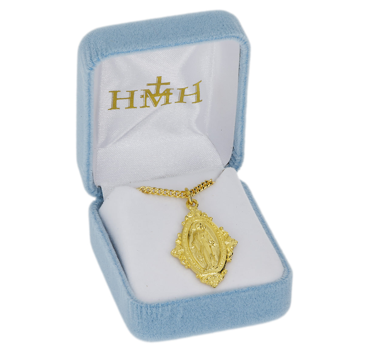 Gold Over Sterling Silver Medium Miraculous Medal W/ Floret & Vine Four Sided Bordering-18-Ch-Bxd