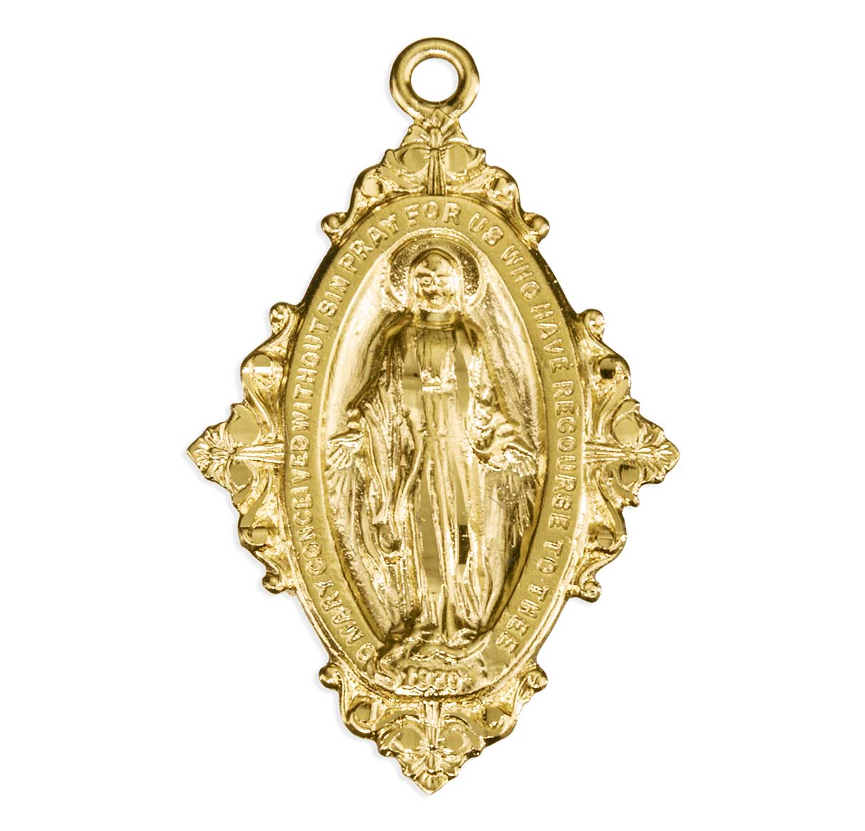 Gold Over Sterling Silver Medium Miraculous Medal W/ Floret & Vine Four Sided Bordering-18-Ch-Bxd