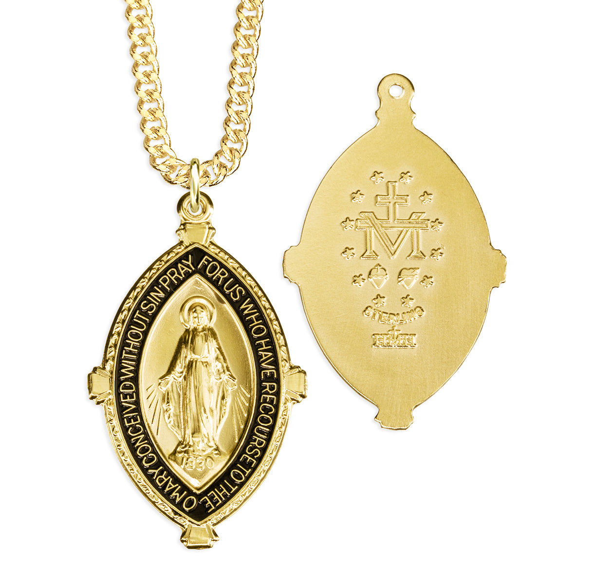 16kt Gold Over Sterling Silver Almond Shape Miraculous W/ Black Epoxy Inlay-24"Ch-Bxd