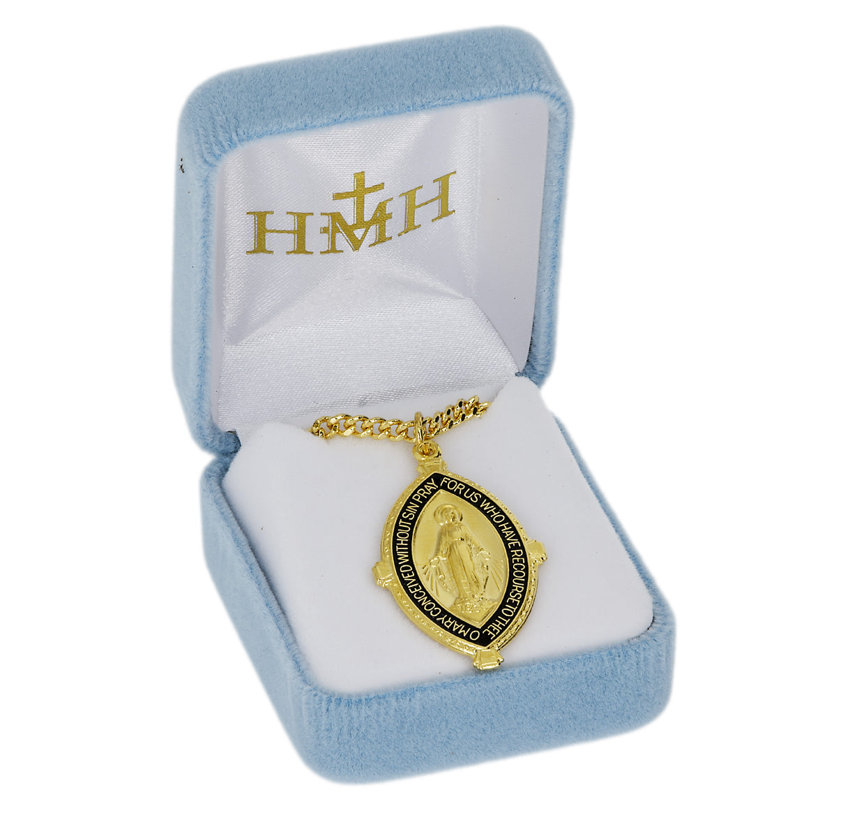 16kt Gold Over Sterling Silver Almond Shape Miraculous W/ Black Epoxy Inlay-24"Ch-Bxd