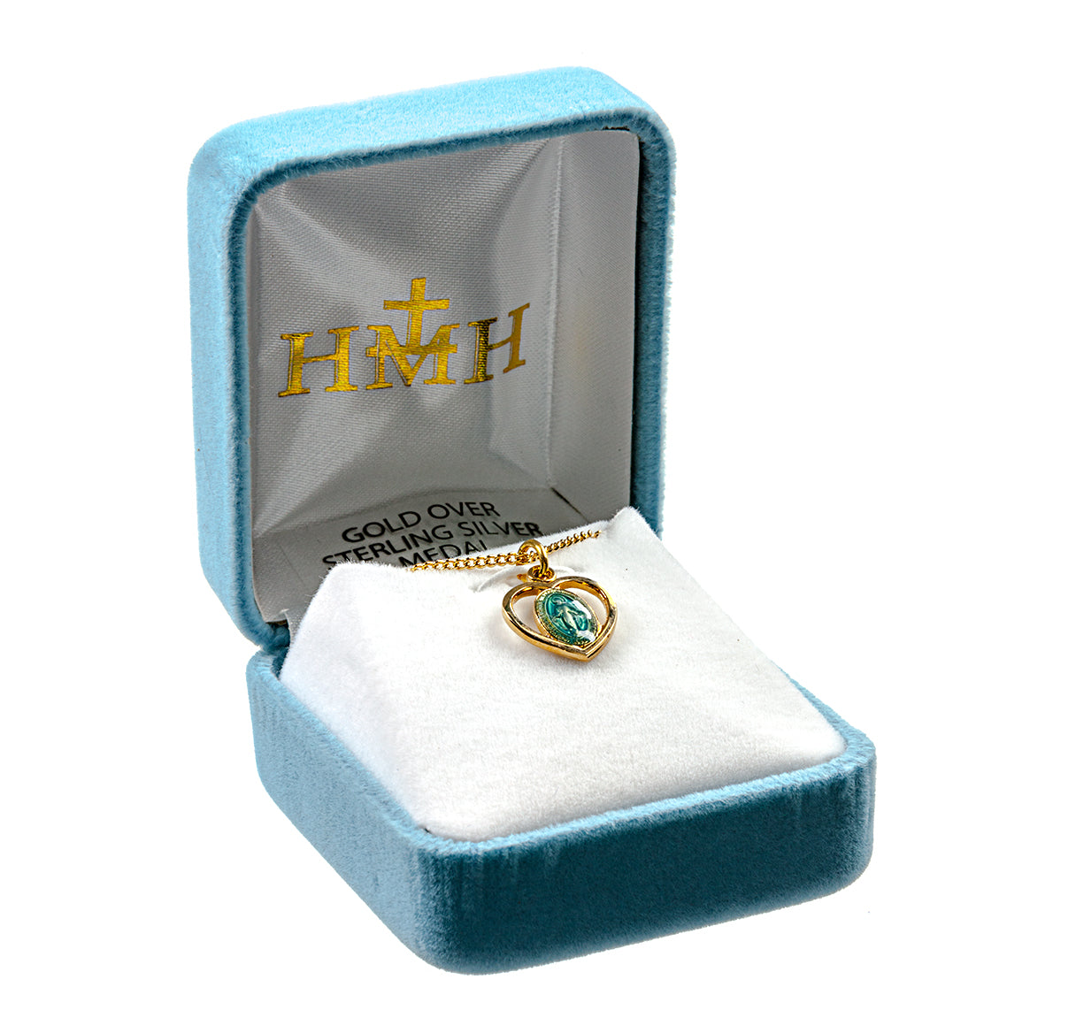 16kt Gold Over Sterling Tiny Pierced Mirac Heart w/ Blue Epoxy-13" Ch-Bxd