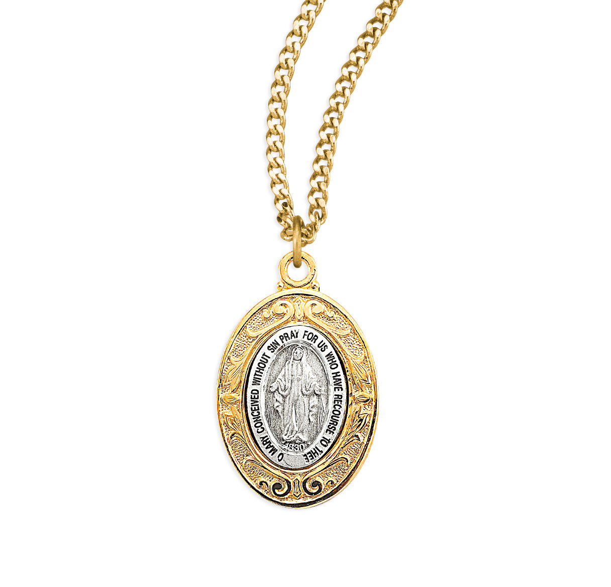 Sterling Silver Miraculous Medal w/Gold Over Sterling Fancy Setting 20" Ch-Bxd