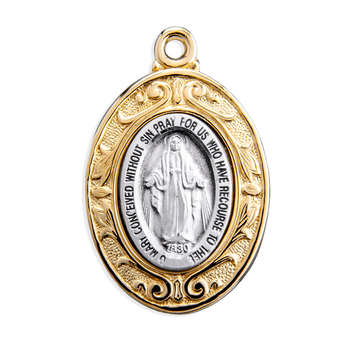 Sterling Silver Miraculous Medal w/Gold Over Sterling Fancy Setting 20" Ch-Bxd