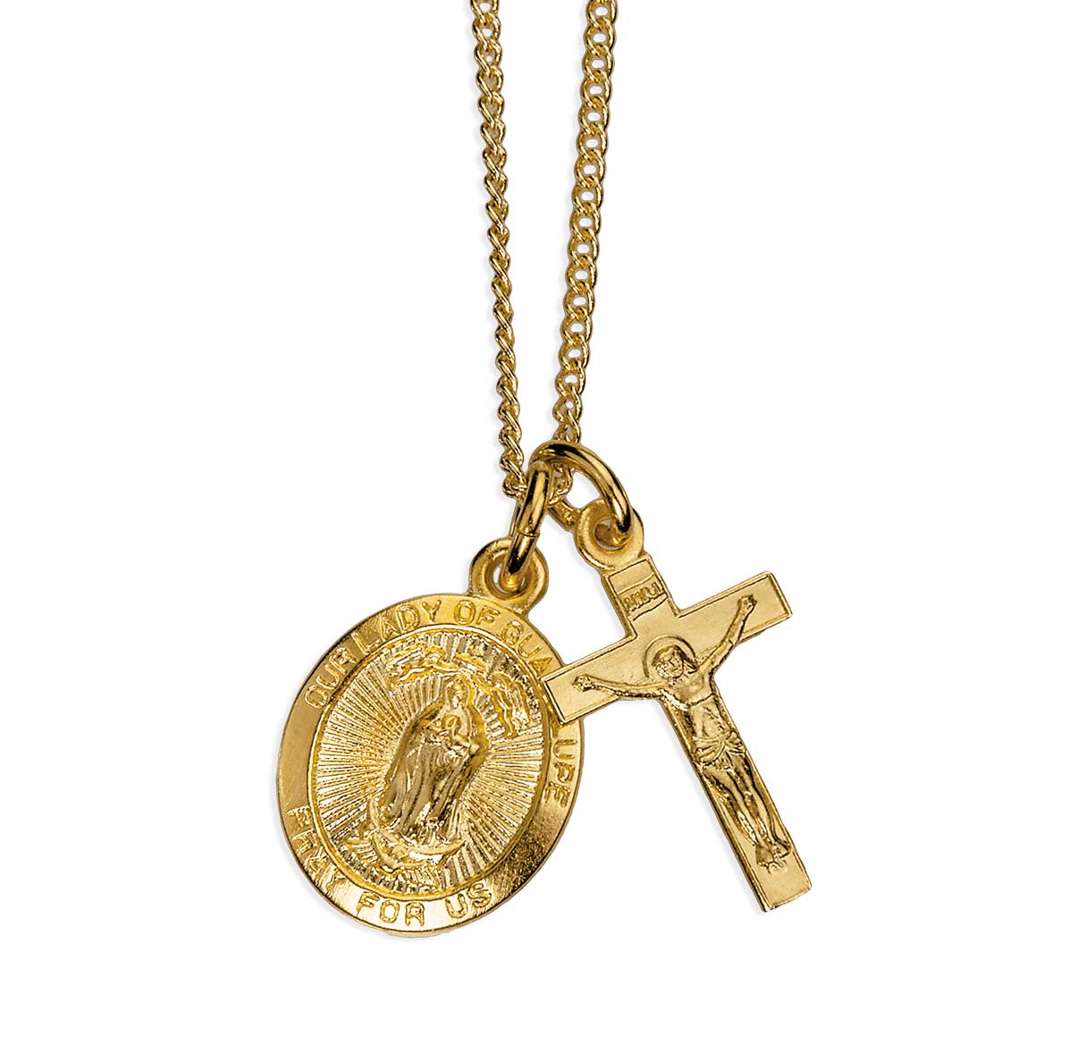 Gold Over Sterling Silver Oval O.L. of Guadalupe Medal W/ Sm Crucifix (Set)-18"Ch (Gold Plated Thin)-Bxd-(GS3519/GS1802)