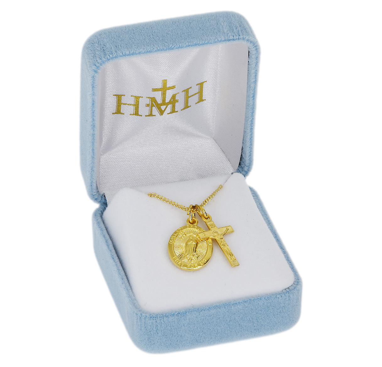 Gold Over Sterling Silver Oval O.L. of Guadalupe Medal W/ Sm Crucifix (Set)-18"Ch (Gold Plated Thin)-Bxd-(GS3519/GS1802)