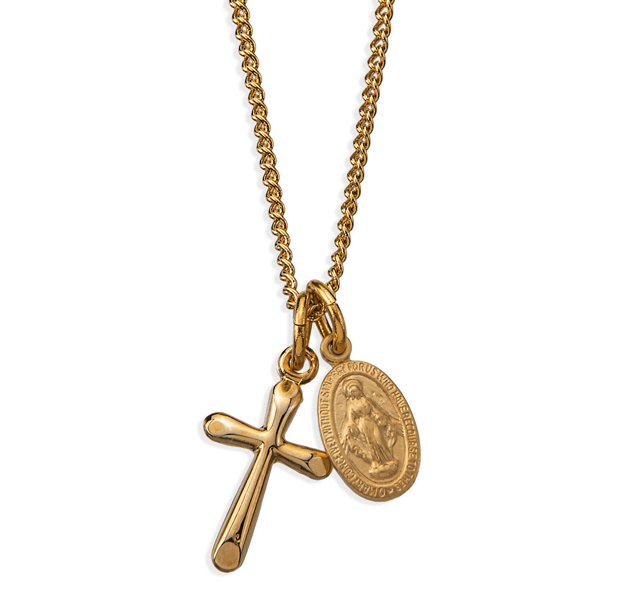 Gold Over Sterling Silver Miraculous Medal W/ Sm Cross (Set)-18"Ch (Gold Plated Thin)-Bxd-(GS3727/GS1101)