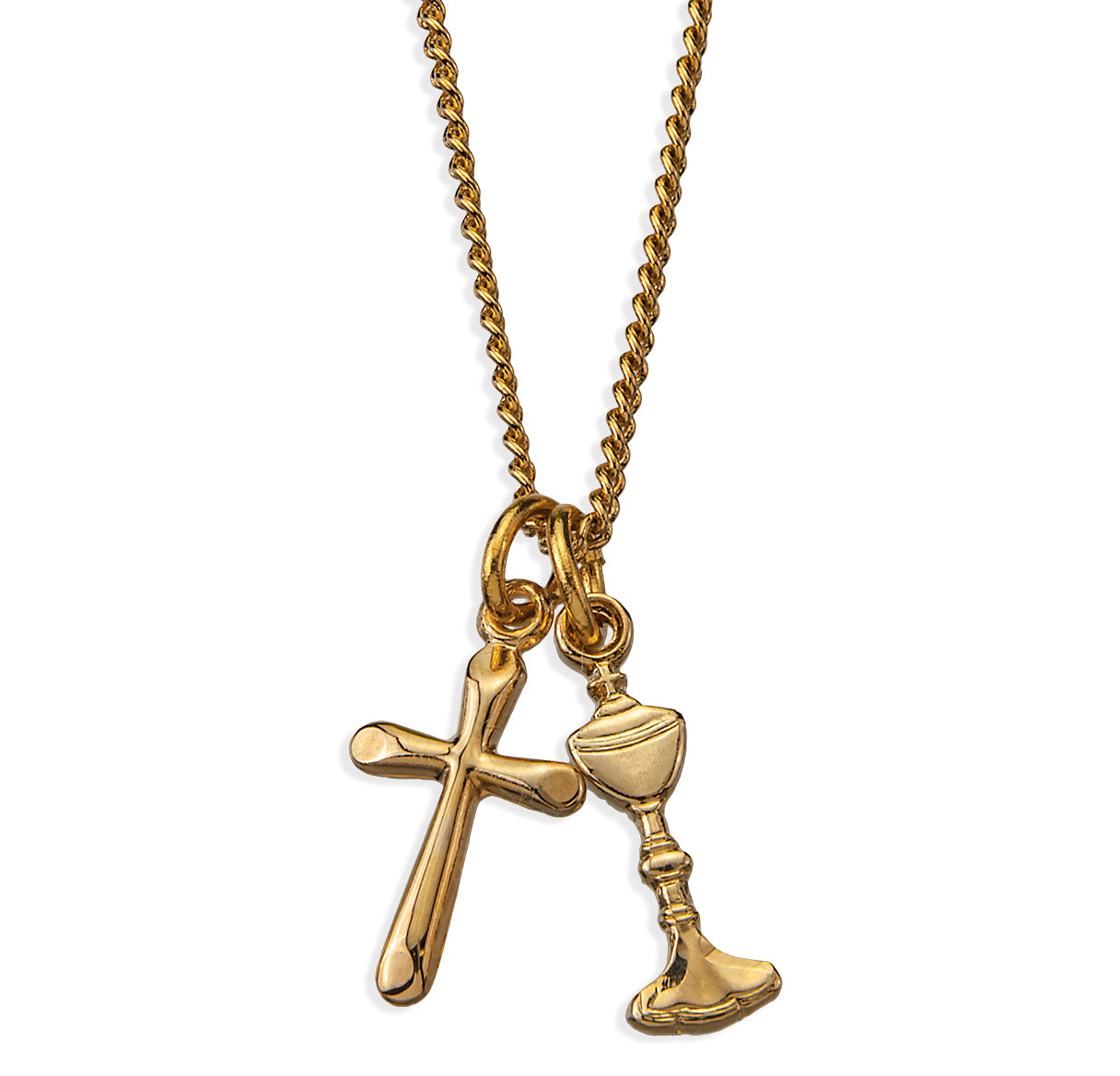 Gold Over Sterling Sm Cross W/ First Communion Chalice Medal (Set)-18"Ch (Gold Plated Thin)-Bxd-(GS3727/GS3802)