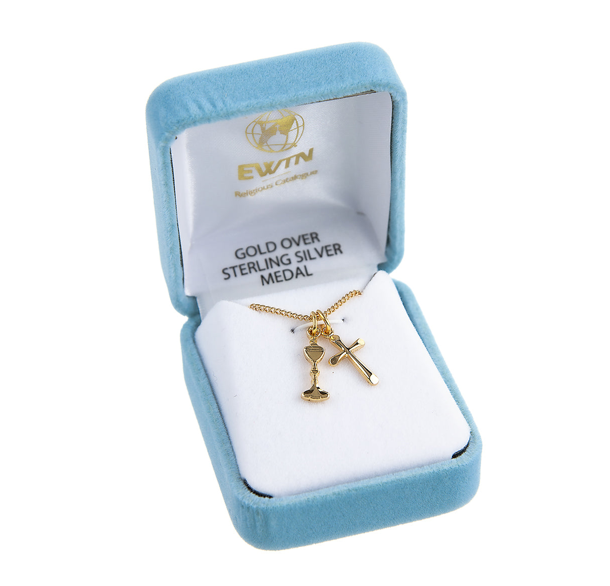 Gold Over Sterling Sm Cross W/ First Communion Chalice Medal (Set)-18"Ch (Gold Plated Thin)-Bxd-(GS3727/GS3802)