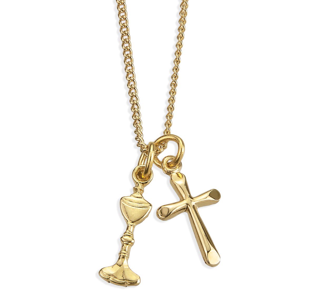 Gold Over Sterling Sm Cross W/ First Communion Chalice Medal (Set)-18"Ch (Gold Plated Thin)-Bxd-(GS3727/GS3802)