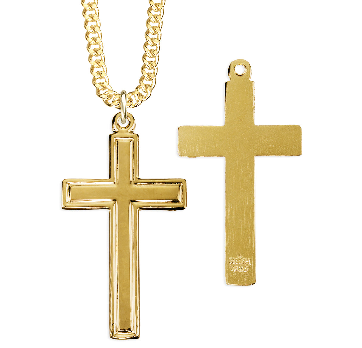 Gold Over Sterling Silver High Polished Plain Cross W/ Border Latin Style-24"Ch-Bxd
