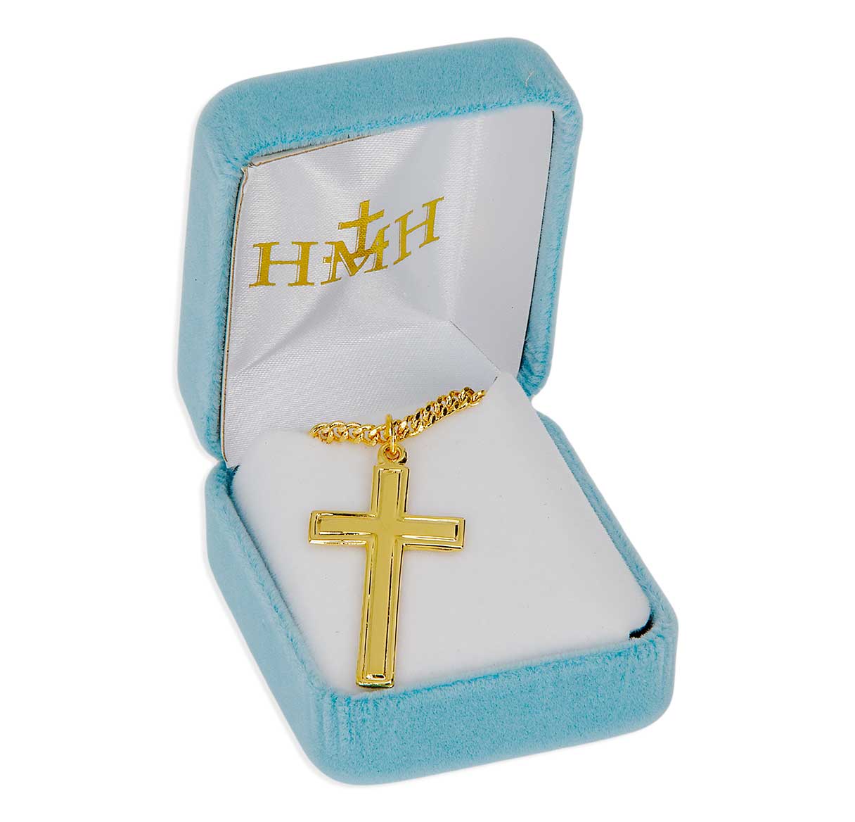 Gold Over Sterling Silver High Polished Plain Cross W/ Border Latin Style-24"Ch-Bxd