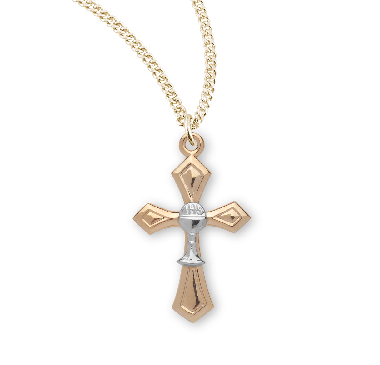 16kt Gold Over Sterling Tu-Tone Sm Cross w/Tiny Chalice 18'Ch Bxd