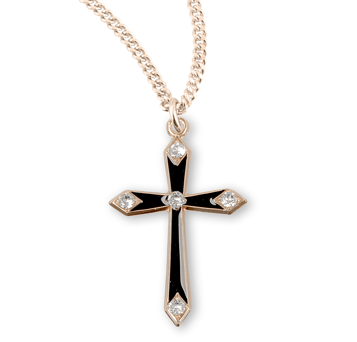 Gold Over Sterling Silver Black Epoxy Cross with Five Crystals