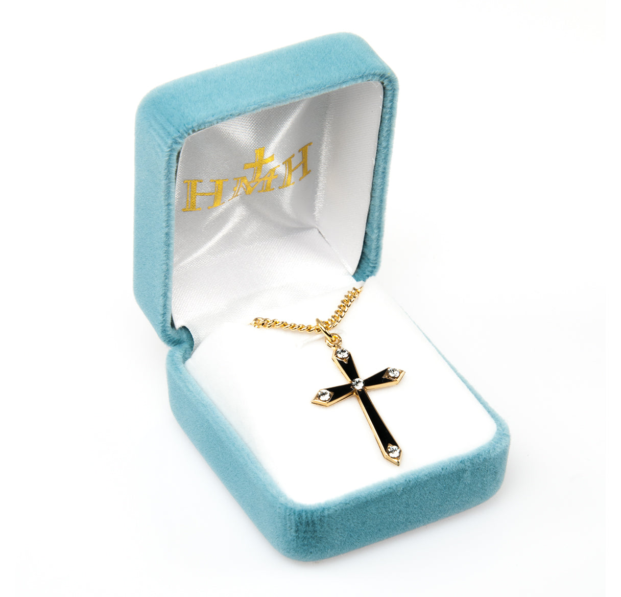 Gold Over Sterling Silver Black Epoxy Cross with Five Crystals