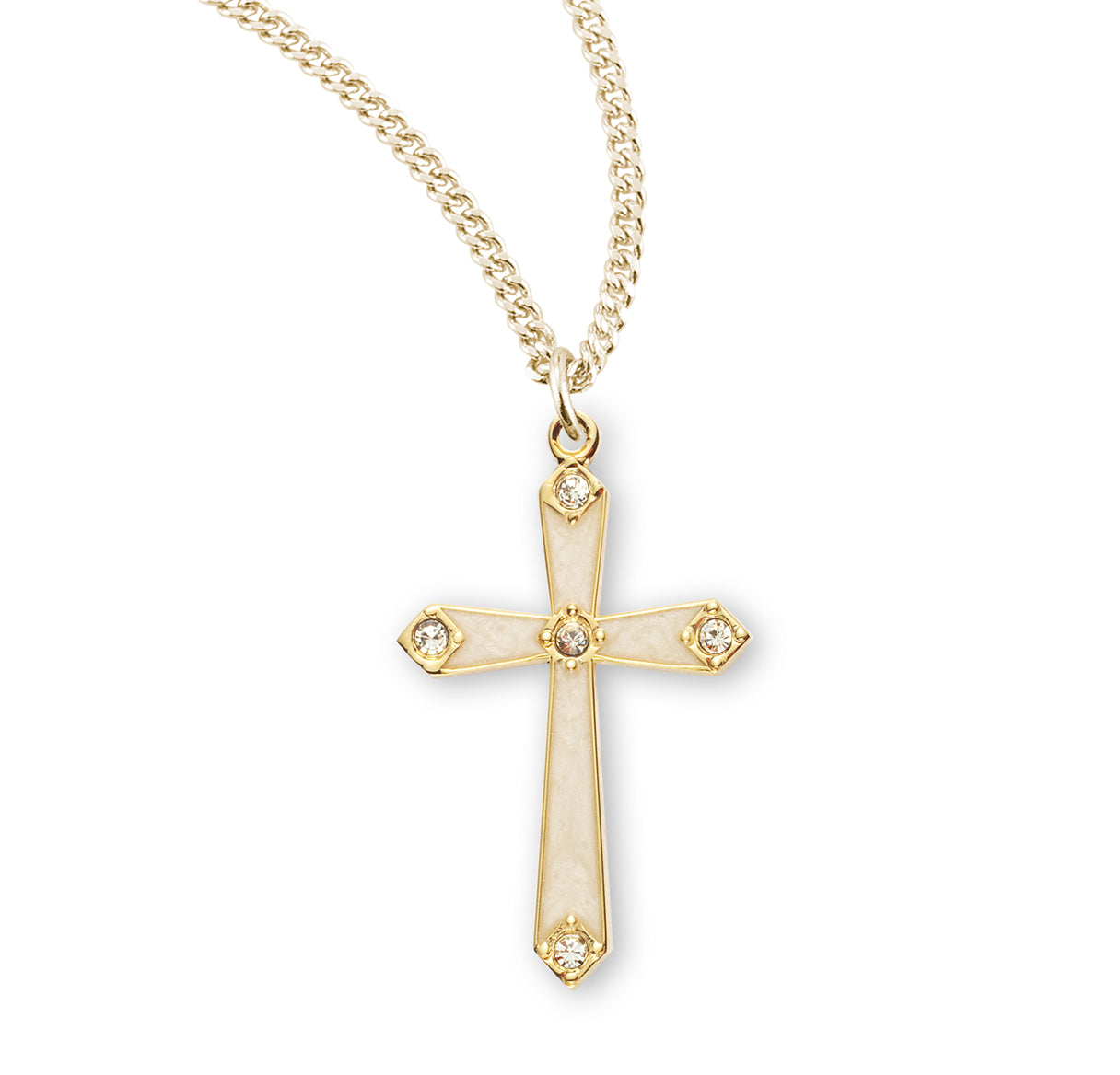 Gold Over Sterling Silver Pearl Epoxy Cross with Five Crystals
