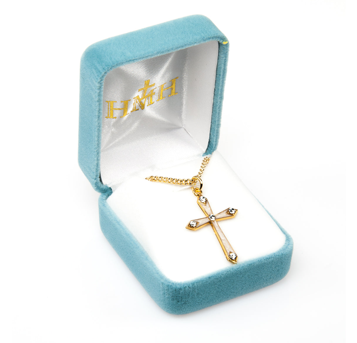 Gold Over Sterling Silver Pearl Epoxy Cross with Five Crystals
