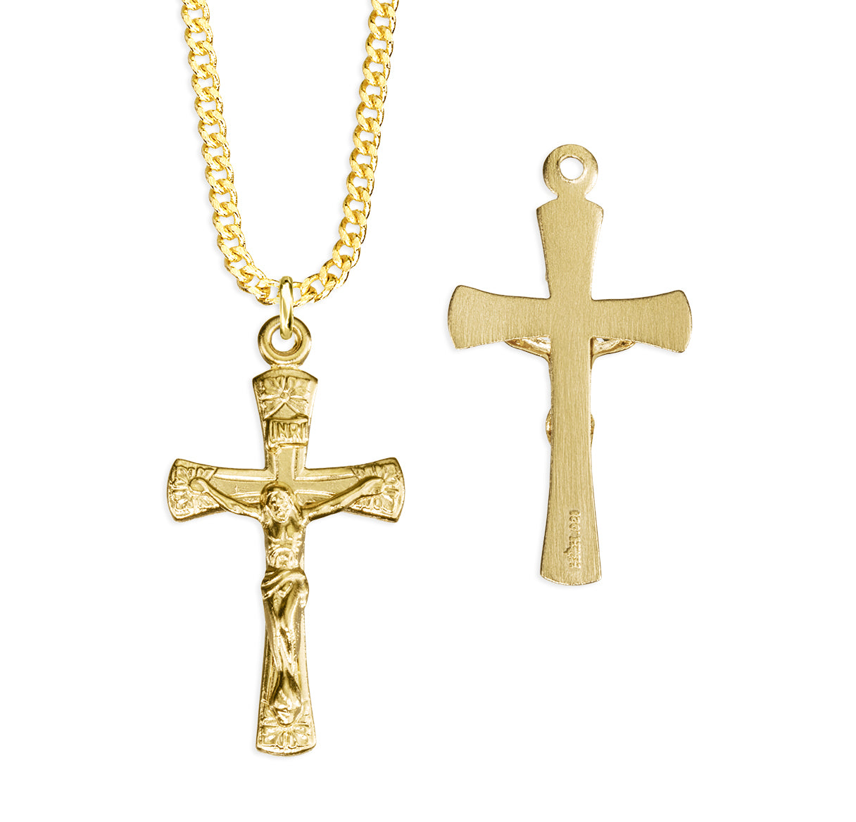 16kt Gold Over Sterling Silver Crucifix W/ Flowered Tips 1-3/8" High-18"Ch-Bxd