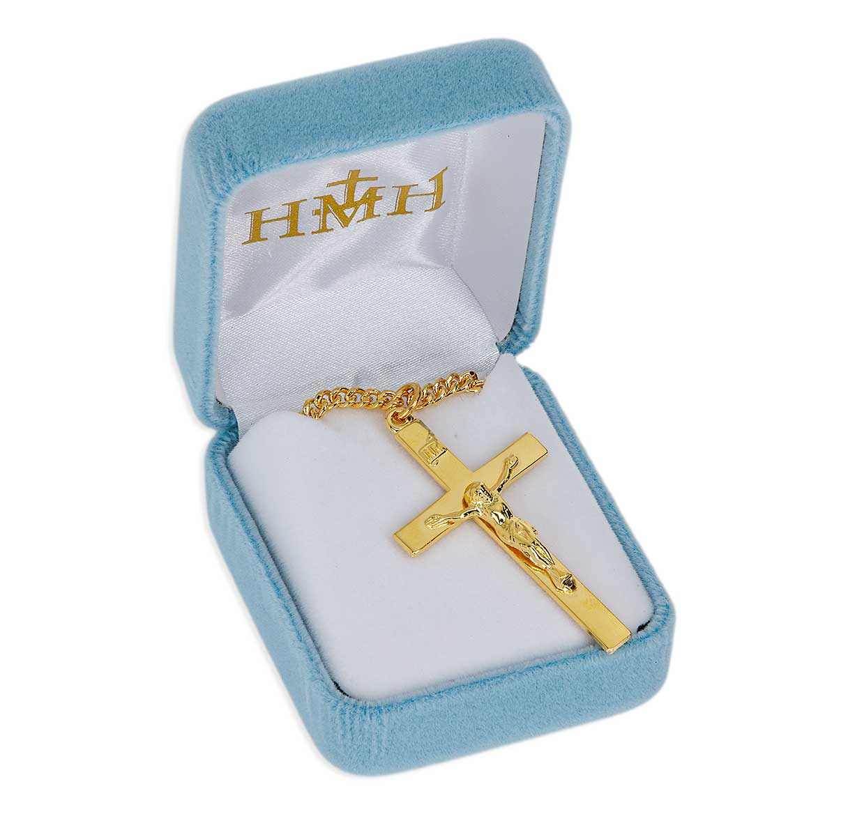 16kt Gold Over Sterling Silver High Polished Rhodium Plated Crucifix-24"Ch-Bxd