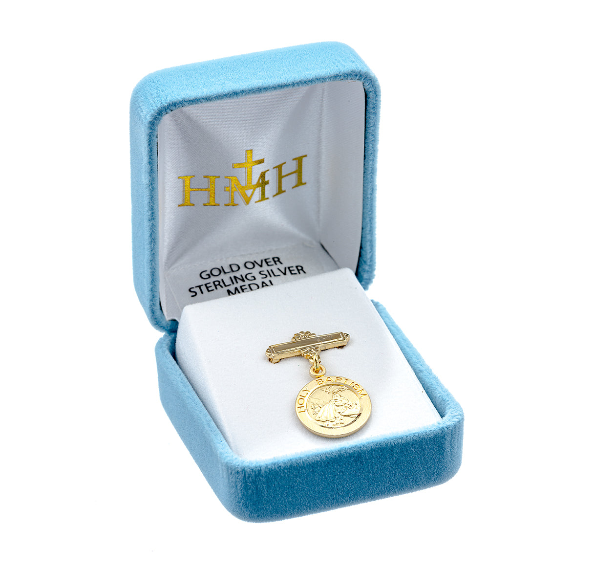 Gold Over Sterling Silver Round Baby Holy Baptism Medal on a Bar Pin