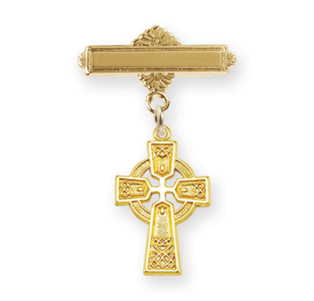 Gold Over Sterling Silver Irish Baby Irish Celtic Cross Pendant on a Bar Pin