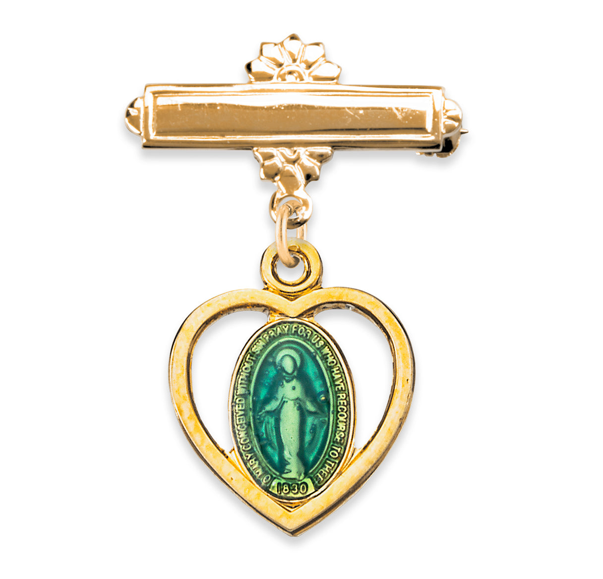 16kt Gold Plated Bar Pin W/ 16kt Gold Over Sterling Heart Miraculous Medal W/ Blue Epoxy-Bxd