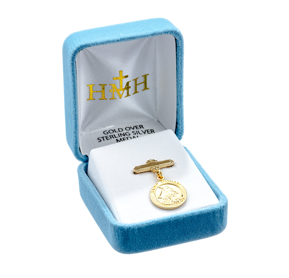 16kt Gold Plated Bar Pin W/ 16kt Gold Over Sterling Sm Round St. Michael Medal-Bxd
