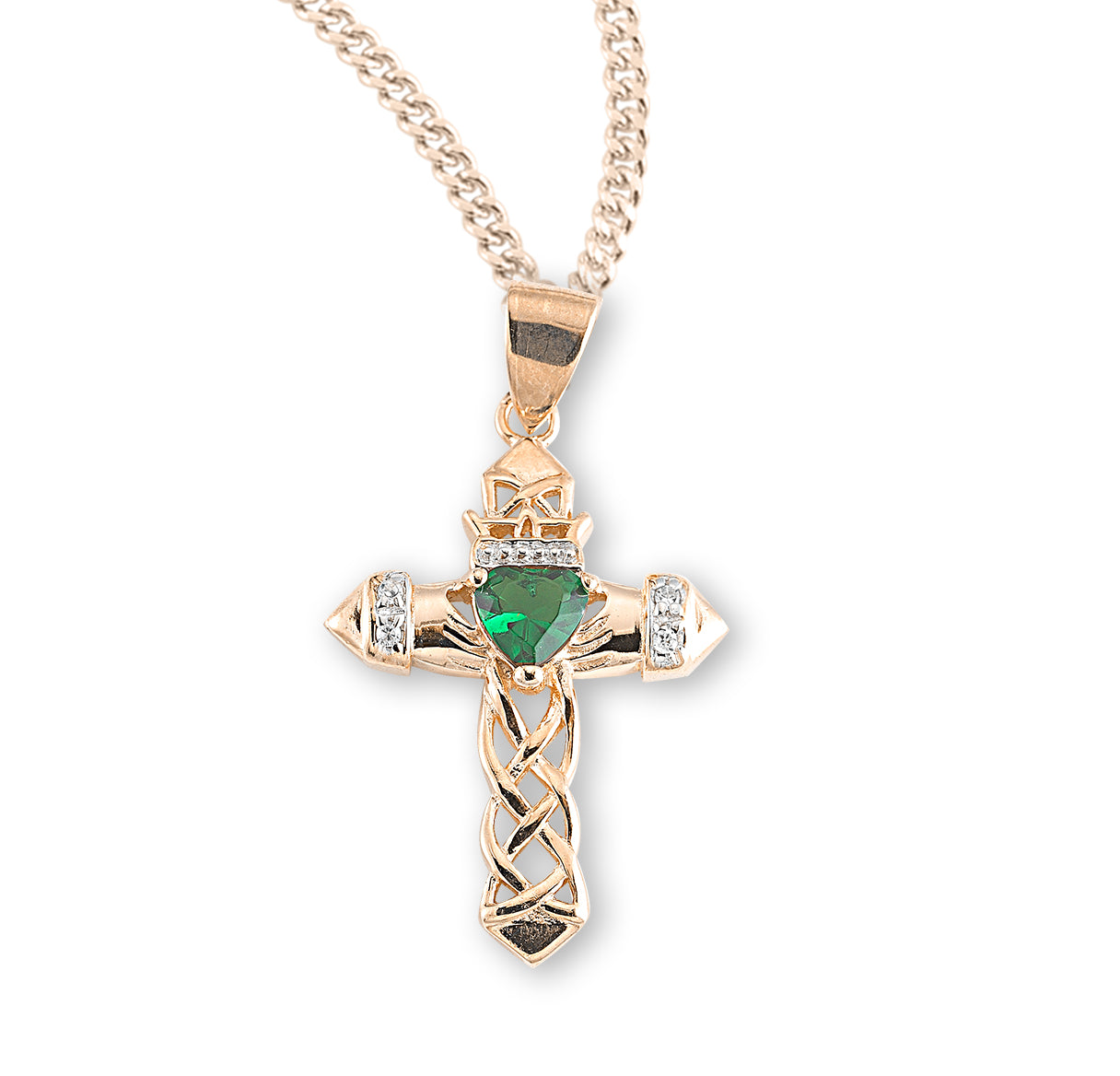 Gold Over Sterling Cut-Out Cross w/Green Glass Gem Ctr & CZ 20" Ch-Bxd