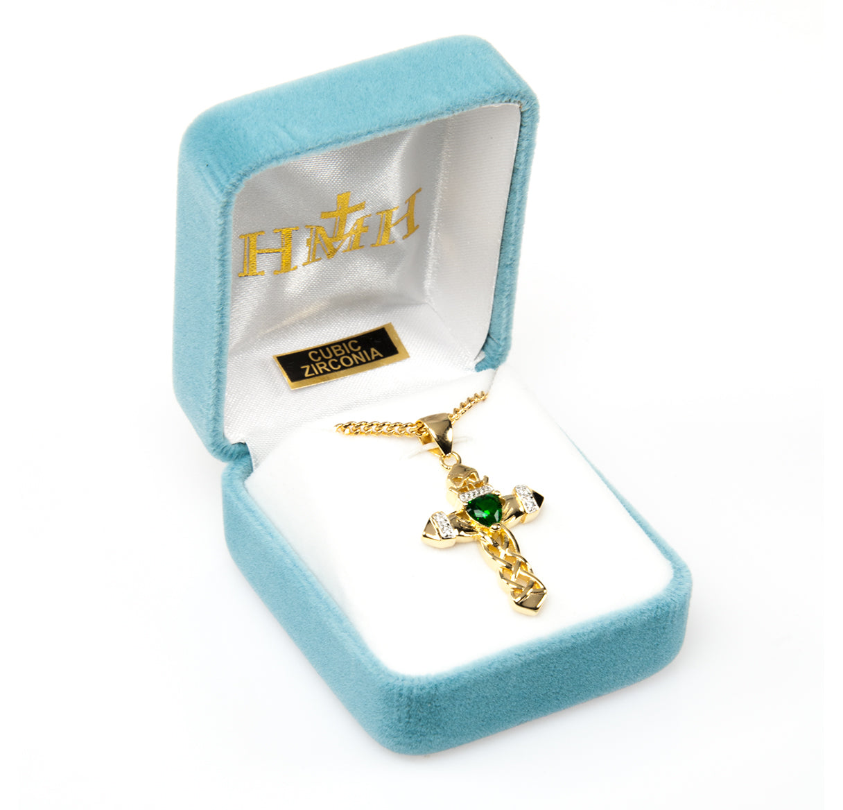 Gold Over Sterling Cut-Out Cross w/Green Glass Gem Ctr & CZ 20" Ch-Bxd