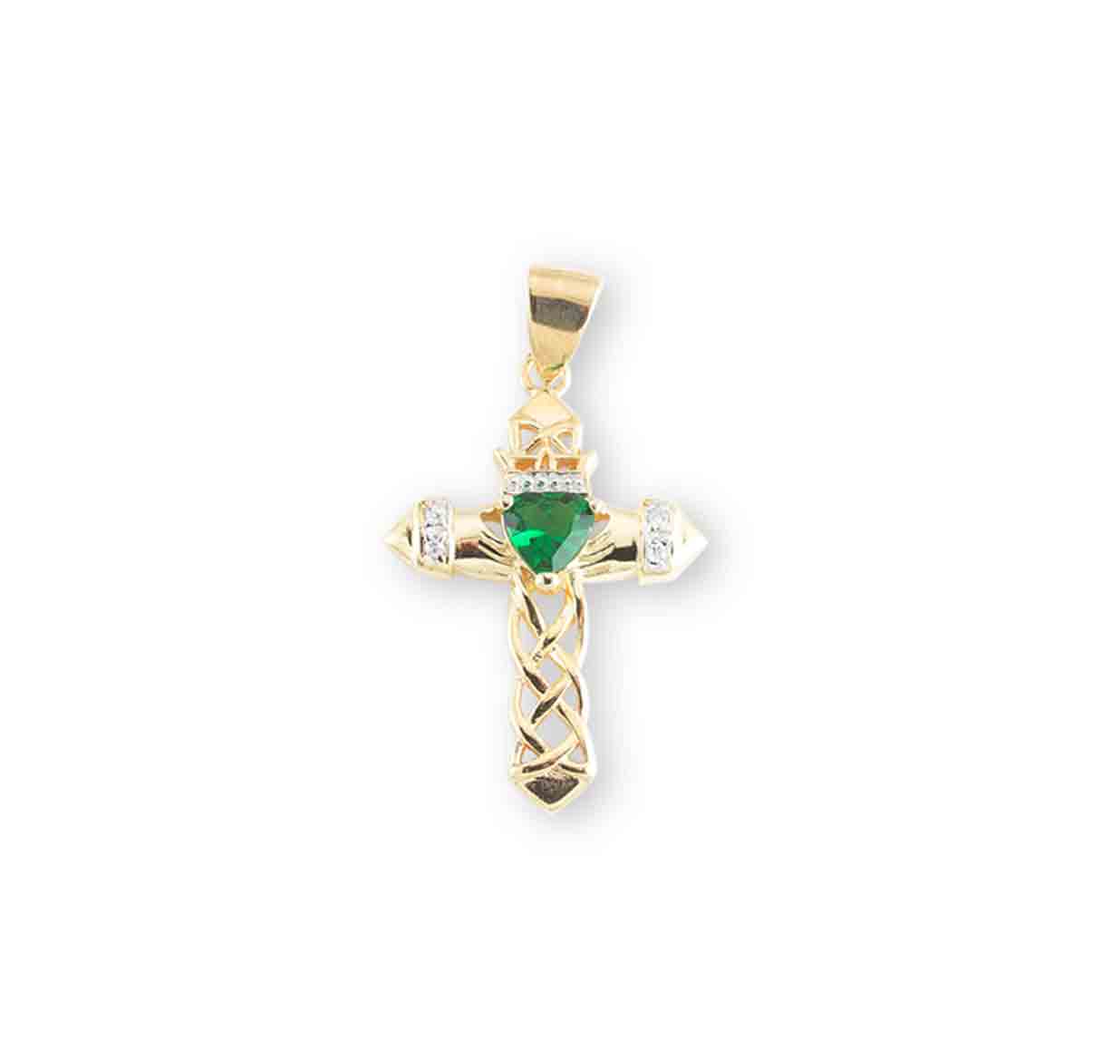 Gold Over Sterling Cut-Out Cross w/Green Glass Gem Ctr & CZ 20" Ch-Bxd