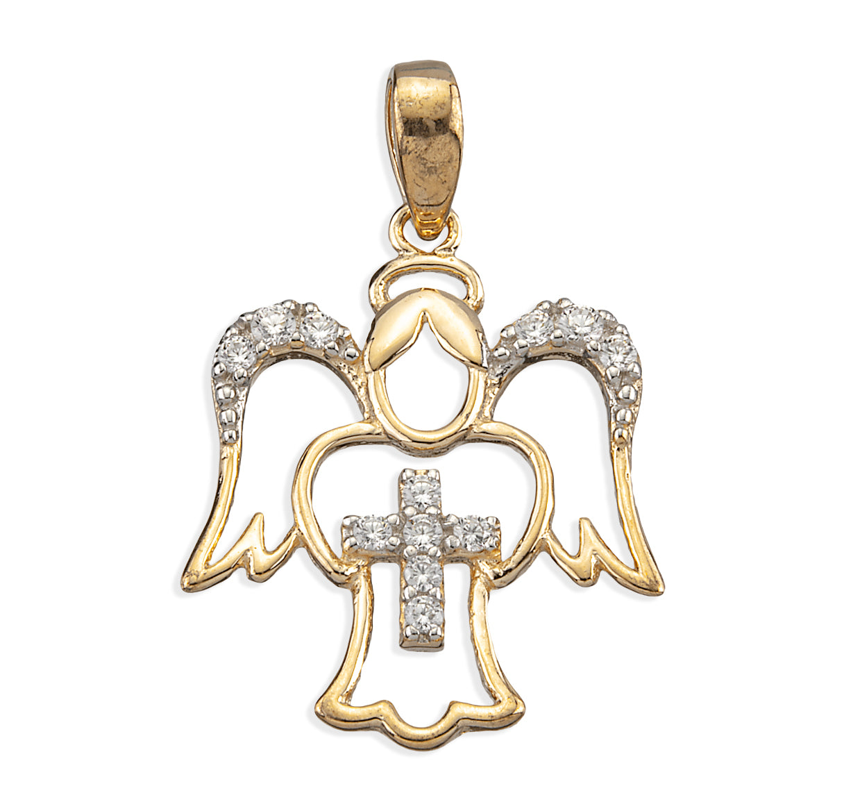 16kt Gold Over Sterling Silver Guardian Angel Pendant w/CZ Cross Center and CZ Wing Accents-18" Ch-Bxd