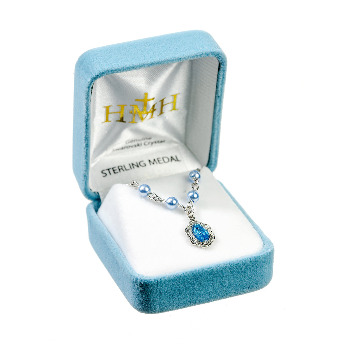 Sterling Silver Scalloped Blue Epoxy Miraculous Necklace Adorned with 4mm Blue Crystals by Swarovski® Austrian Crystal Pearl Beads