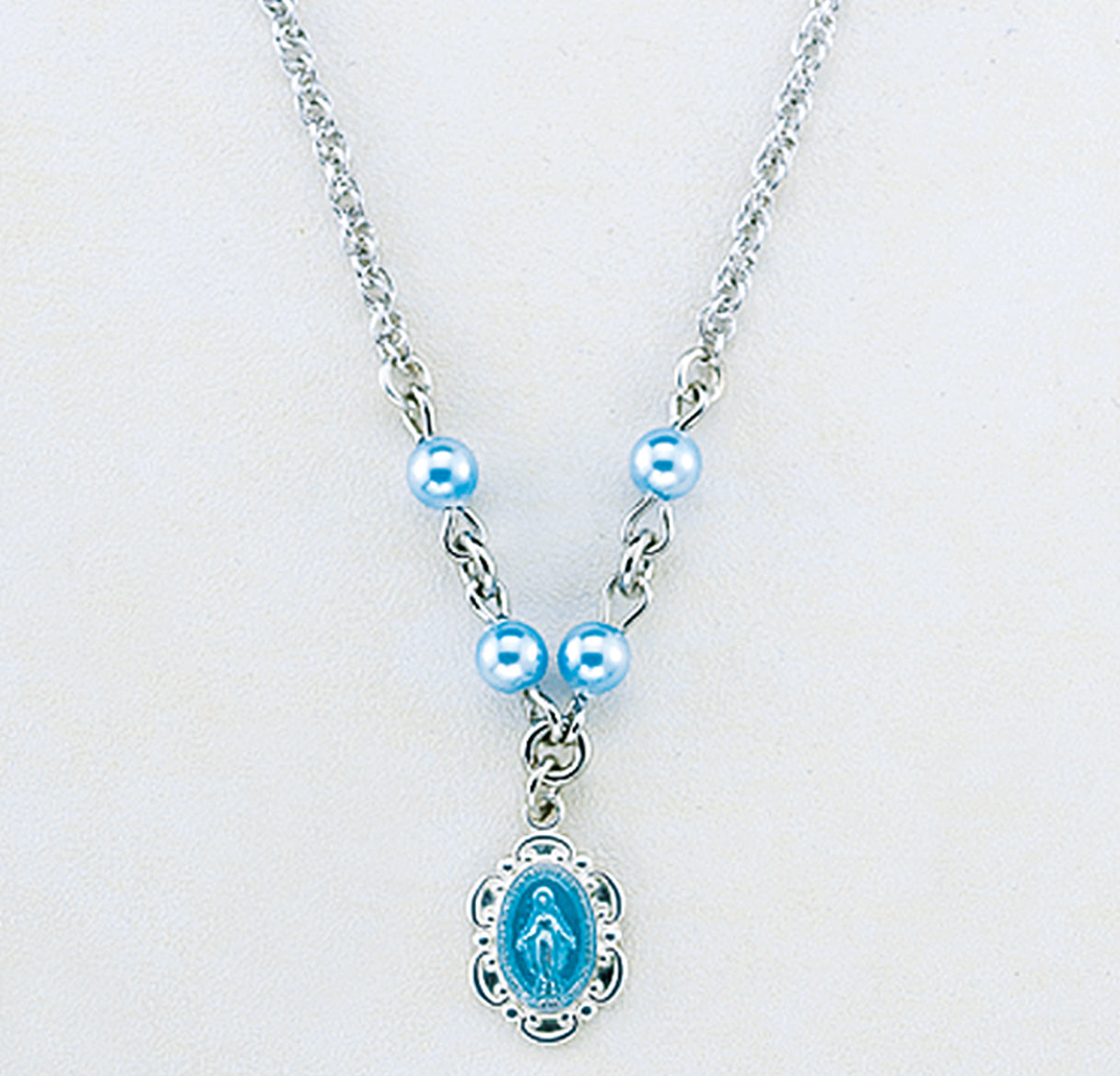 Sterling Silver Scalloped Blue Epoxy Miraculous Necklace Adorned with 4mm Blue Crystals by Swarovski® Austrian Crystal Pearl Beads