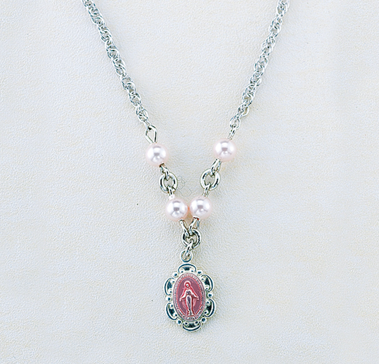 Sterling Silver Miraculous Medal Necklace Adorned with 4mm Pink Crystals by Swarovski® Austrian Crystal Pearl Beads