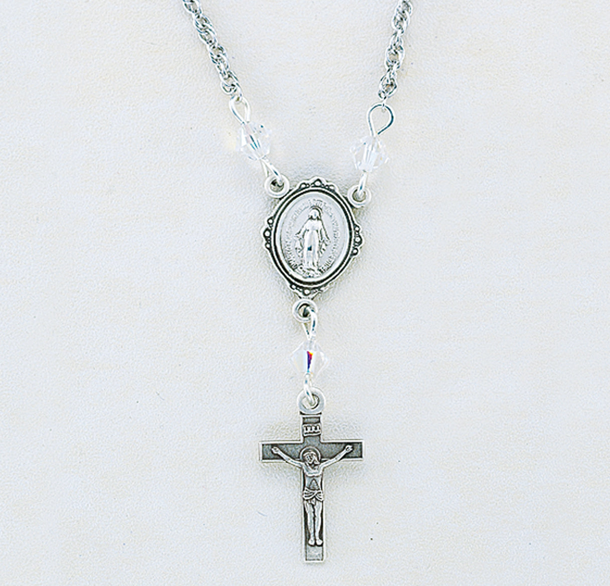 Sterling Silver Miraculous Medal Necklace Adorned with 4mm Aurora Borealis Crystals by Swarovski® Austrian Crystal Beads
