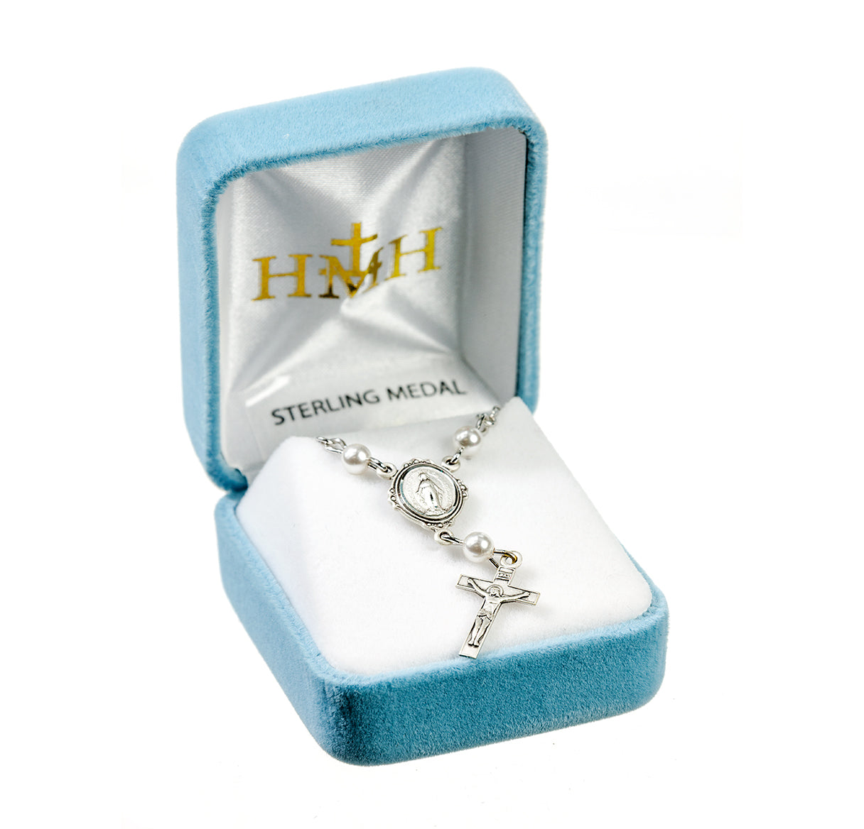 Sterling Silver Miraculous Medal Necklace Adorned with 4mm White Crystals by Swarovski® Austrian Crystal Pearl Beads