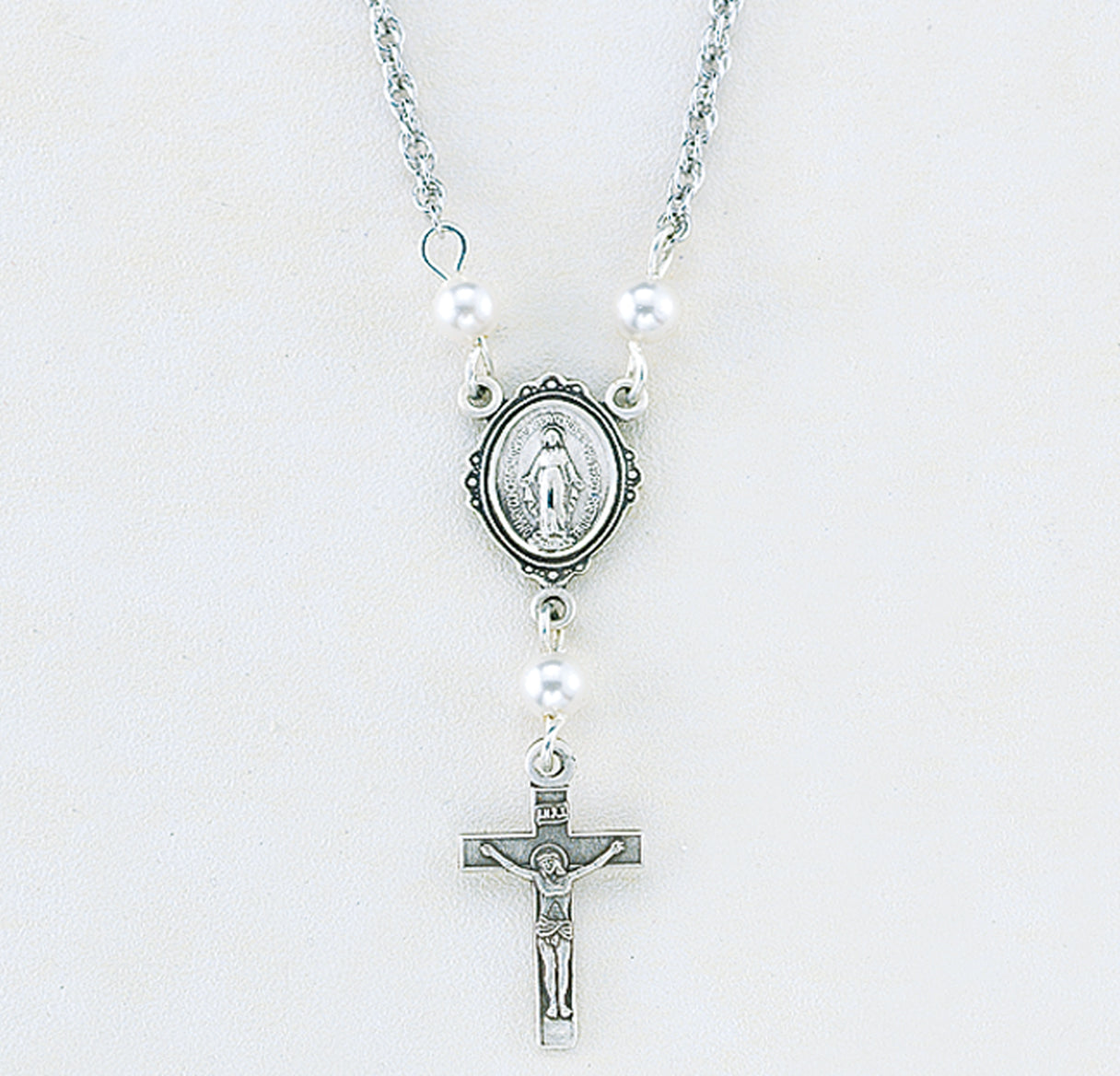 Sterling Silver Miraculous Medal Necklace Adorned with 4mm White Crystals by Swarovski® Austrian Crystal Pearl Beads